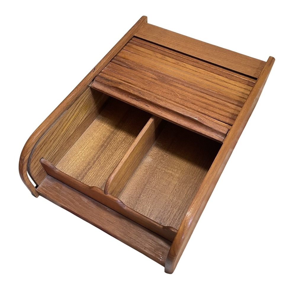 Vintage Cassette‎ Tape Storage Box Solid Wood  Tambour Roll Slide Lid Brookstone